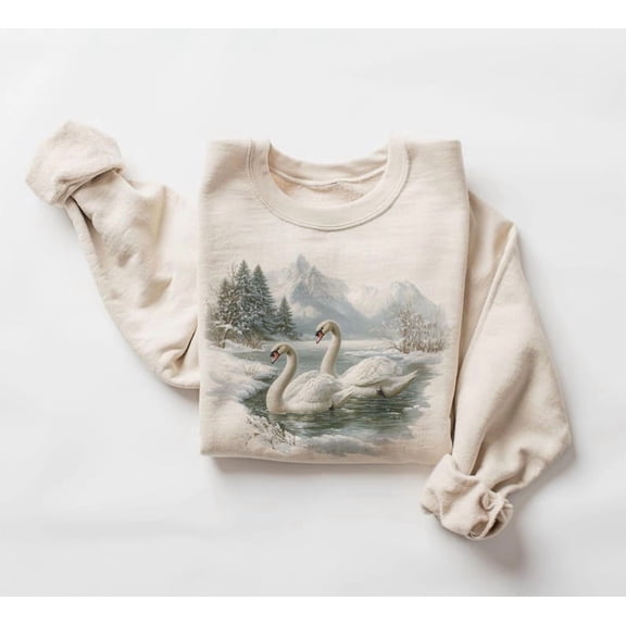 Retro White Swans Winter Lake Scene Sweatshirt - 90s Waterfowl Mountain Forest Nature - Bird Watcher - Sizes S-5XL ,Art Print JSC