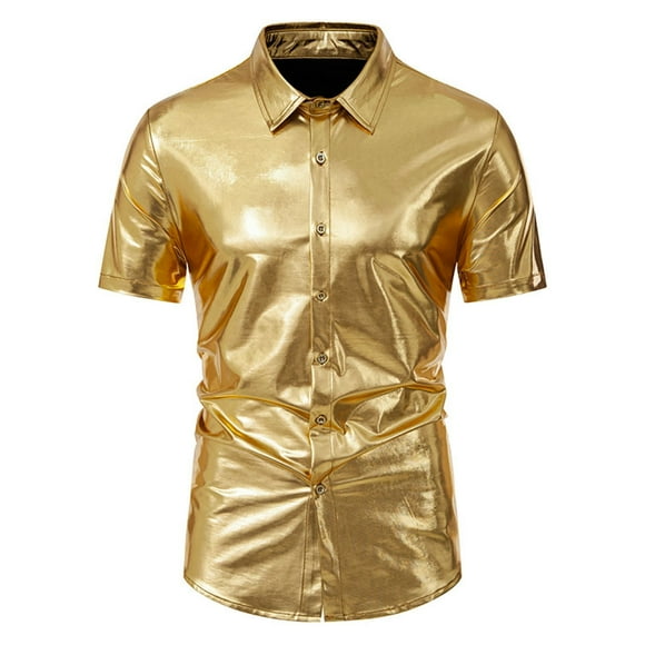 Camisa brillante de manga corta para discoteca y club nocturno para hombre - Poliéster-spandex, tallas S-XXL, diseño con costuras, moda/fiesta