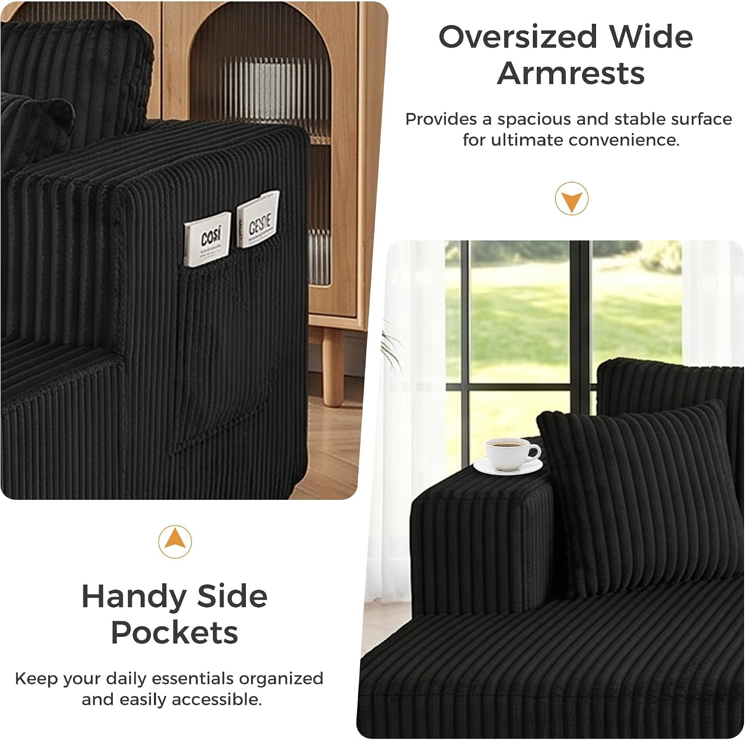 avobird 132" Oversized Cloud Boneless Sofa, U-Shaped Modular Sectional Sofa with Chaise and Side Pockets, Corduroy Deep Seat Couch for Living Room, Black