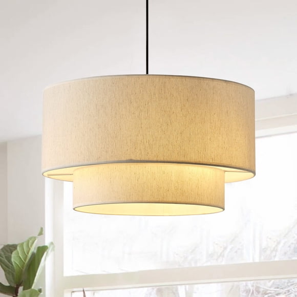 20" Beige Pendant Light, 2-Tier Modern Boho Drum Chandelier with Neutral Fabric Shade Ceiling Light for Dining Room, Living Room, Kitchen Island
