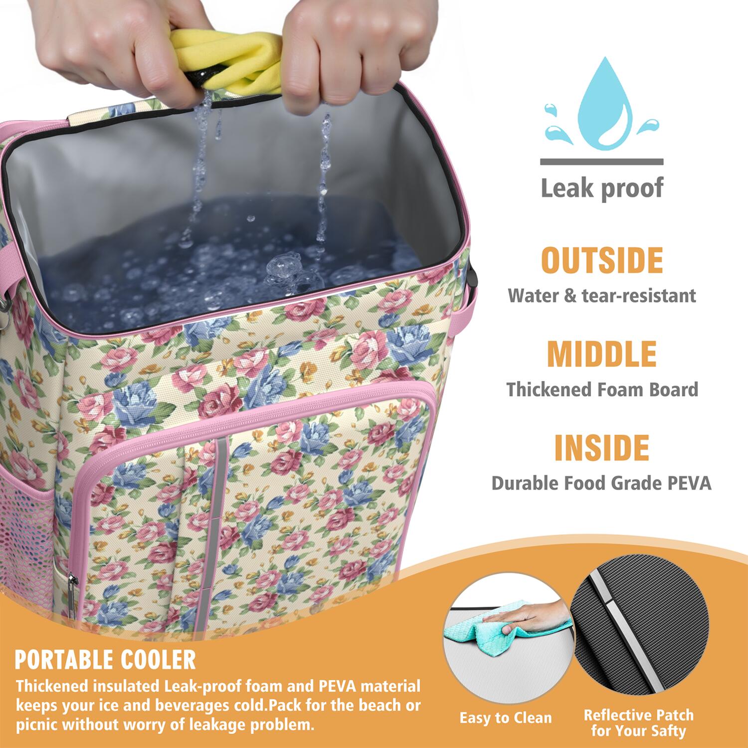 Travel Cooler Bag - Pioneer Flower Floral Print Pattern Camping Beer Cooler Backpack with Bottle Opener- Waterproof Insulated Picnic Backpacks - Cooler Bag for Beach