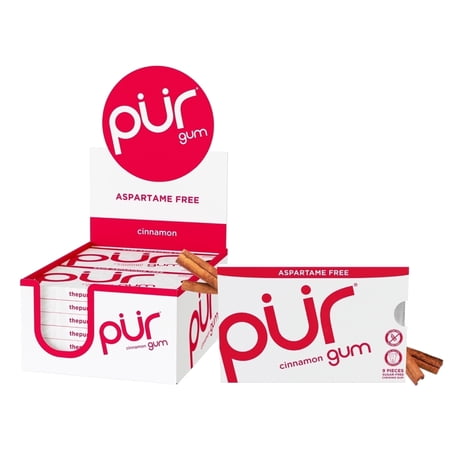 PUR Gum, Aspartame Free, Sugar Free & 100% Xylitol, Cinnamon Chewing Gum, 9 Pieces, Pack of 12