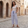 thumbnail image 5 of VV AVEORS Womens Summer Striped Barrel Cropped Pants Comfy Drawstring Capri Pant With Pockets Beach Vacation Lounge Trousers Dark Blue XL, 5 of 7