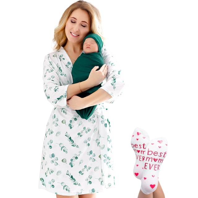 ECO BABY Juego de bata y manta para mamá y yo | Bata de maternidad y conjunto de bebé a juego para niña, niño | Trabajo de parto y parto hospitalario