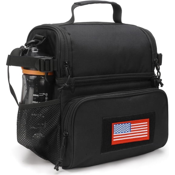 TRIPGEAR 2 Compartment Lunch Bag for Men Adult,Lunch Box Leakproof Insulated Large Capacity Cooler Bag for Work with Adjustable Shoulder Strap Flag Double Layer Lunch Pail Travel(16L Black)