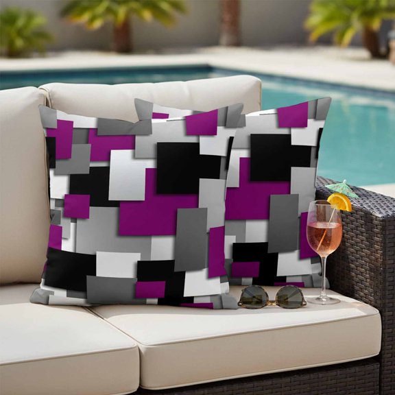 Purple Geometric Outdoor Waterproof Throw Pillow Covers Set of 2, 26"x26", Modern Abstract Black Gray Checkered Decorative Pillow Covers Outside Cushion Case for Patio Porch Garden
