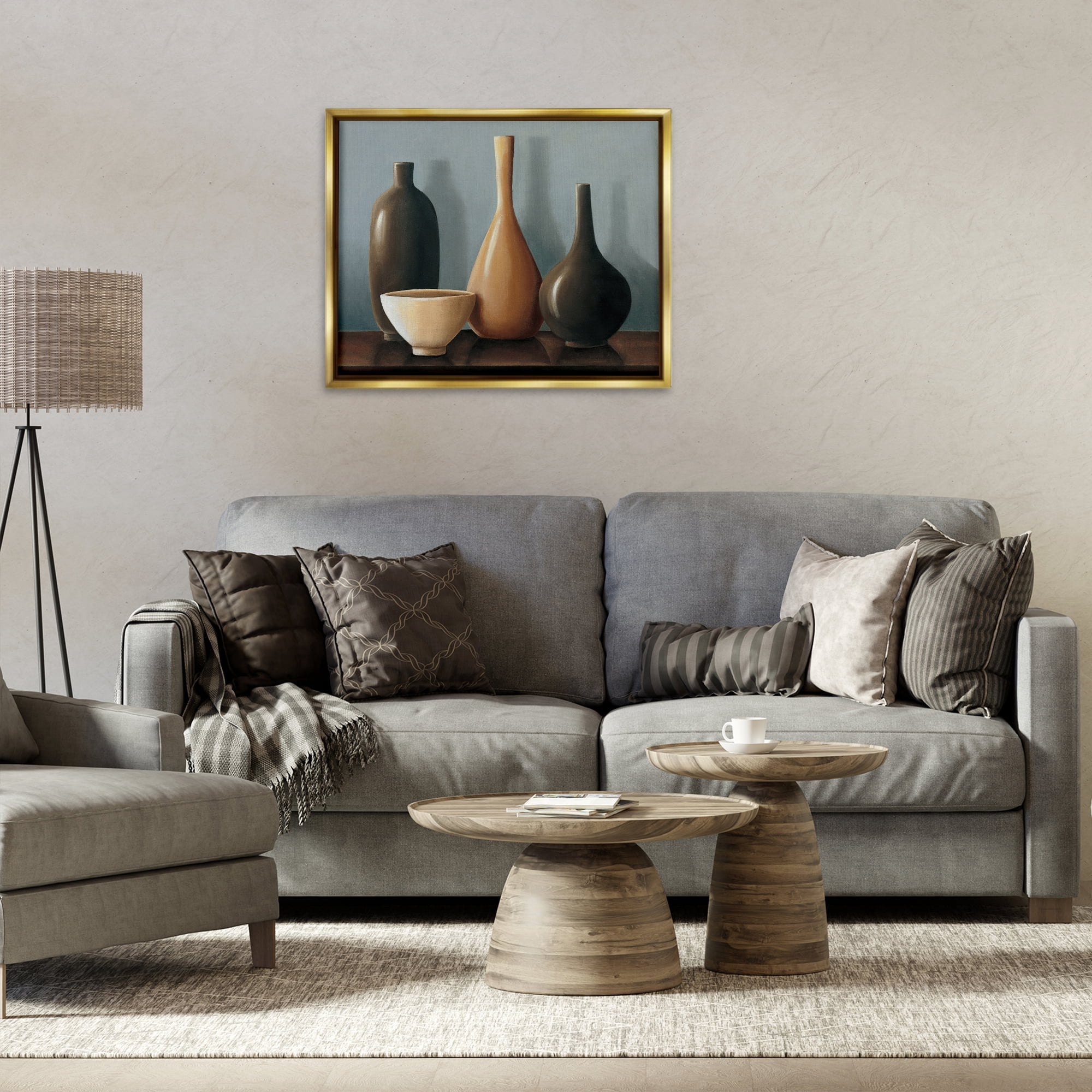 Stupell Industries Varried Pottery Still Life Furniture Painting Gold Floater Framed Canvas Art Print Wall Art, 31 x 25
