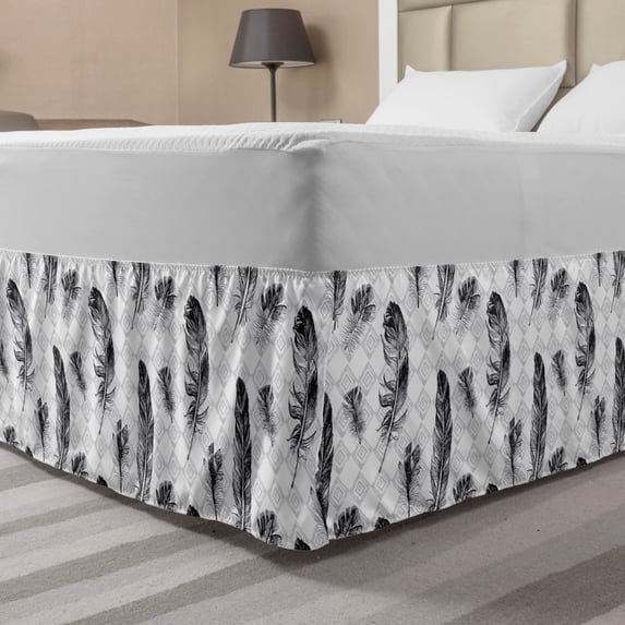 Feather Bed Skirt, Faded Geometric Backdrop Nested Squares Mosaic Pattern Fluffy Wings Fly, Elastic Bedskirt Dust Ruffle Wrap Around for Bedding Decor, 4 Sizes, Black White Pale Grey, by Ambesonne