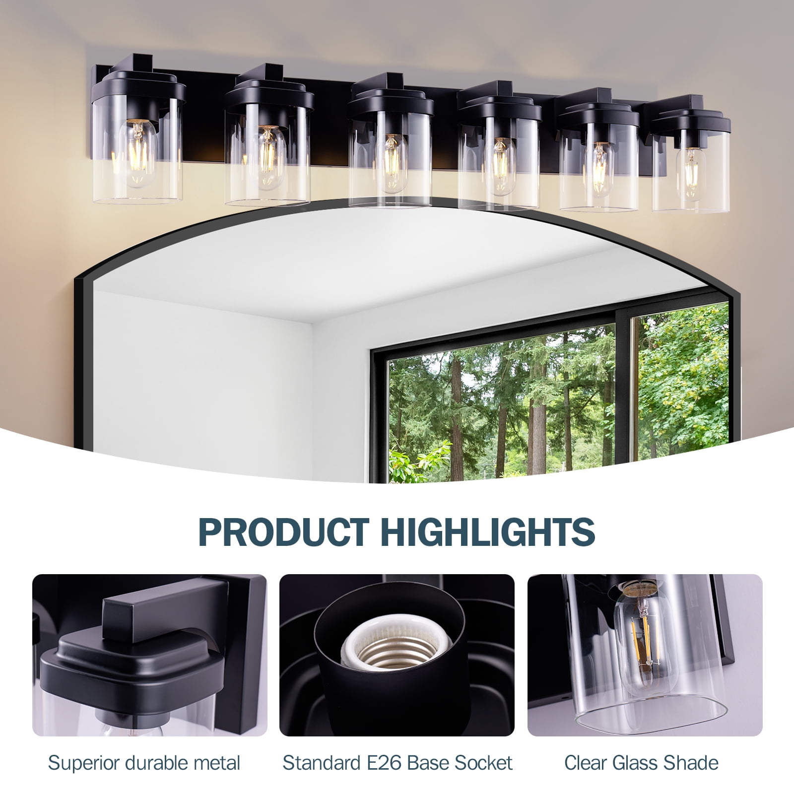 6 Light Bathroom Vanity Light, Matte Black Bathroom Light Fixtures with Clear Glass Shade, Vanity Light Fixtures Over Mirror for Bedroom Living Room(NO BULBS)