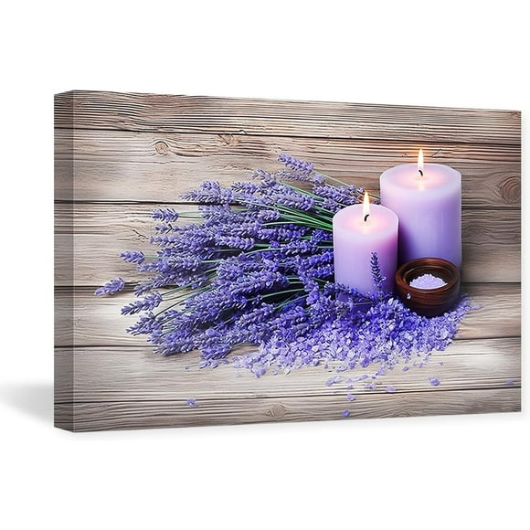 Lavender Bathroom Wall Decor Purple Flower Canvas Wall Art Rustic Floral and Candles Pictures Print Spa Bedroom Decor Frame (12.00" x 18.00", Lavender - 2)