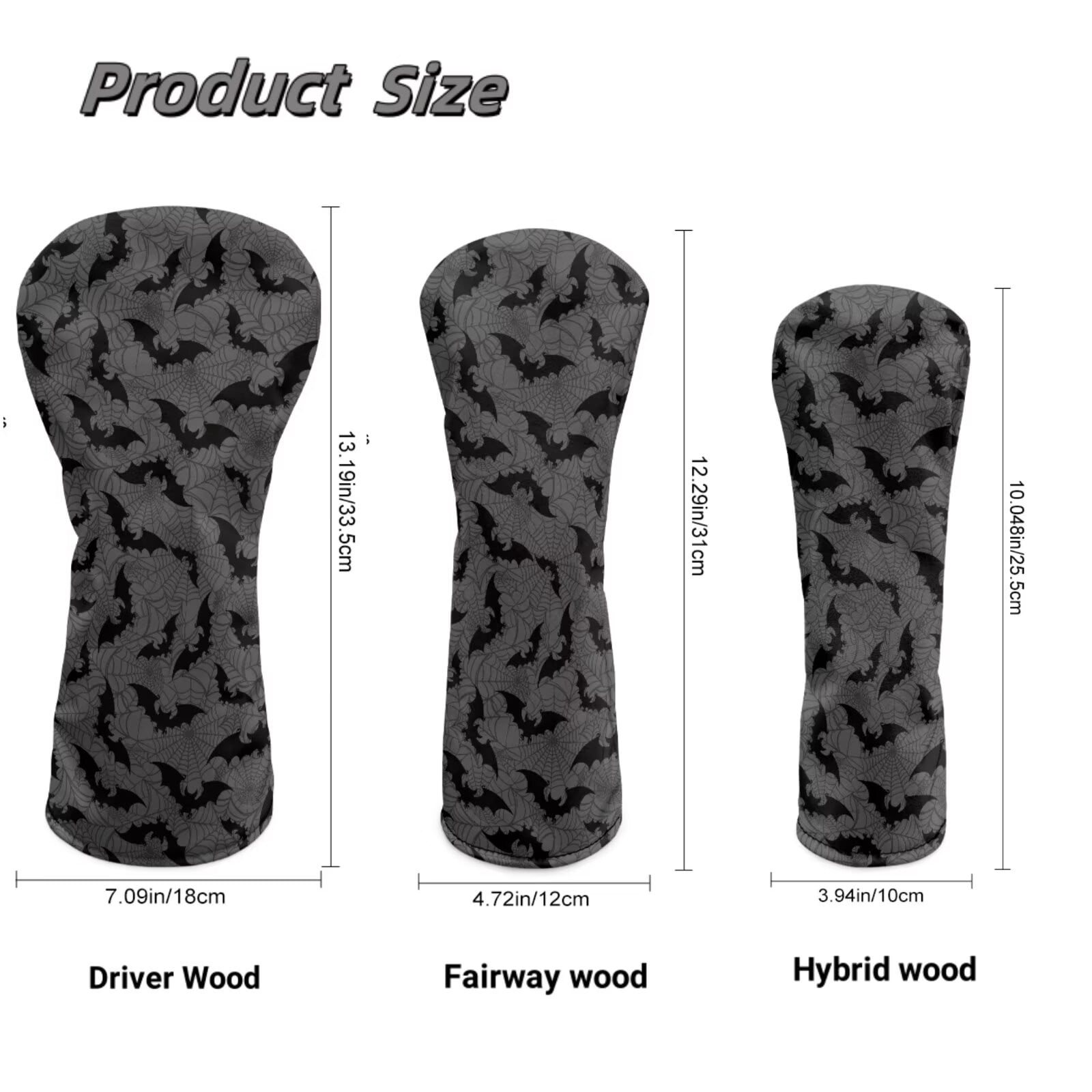 Uorisanigo Golf Club Covers for Women Men, 3 Packs Gray Black Bat Golf Club Driver, Fairway Wood and Hybrid Head Cover, Headcovers Set Keep Clubs Dry and Clean, Funny Accessories