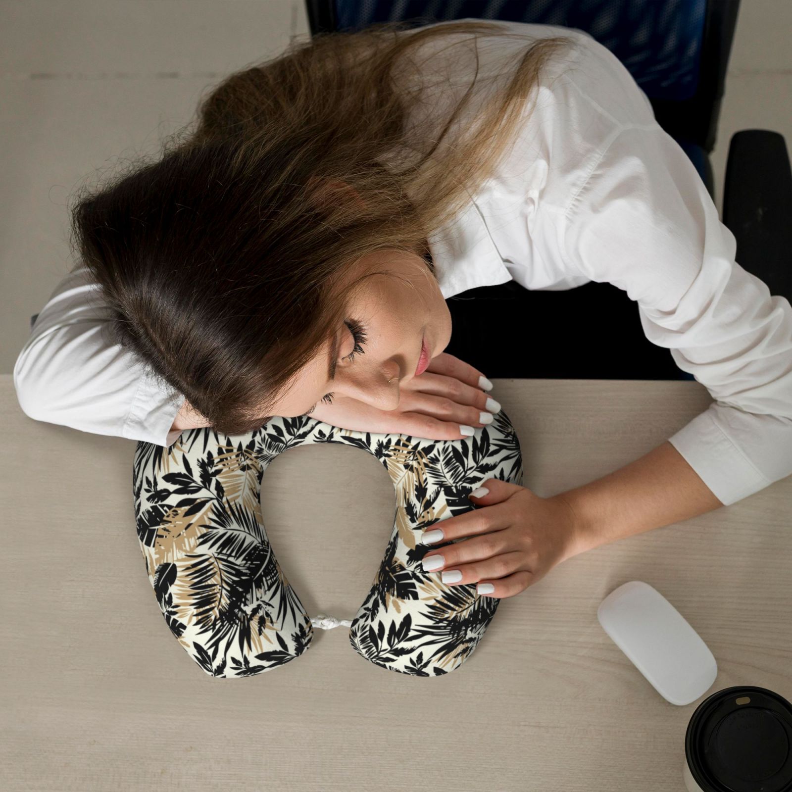 Xecao Black Palm Leaves Print Memory Foam Cervical Neck Pillow Versatile U-Shaped Pillows for Home,Office,Camping,Travelling,Soft Washable Cover