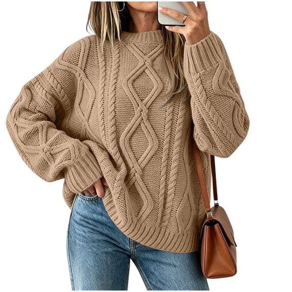 Njagoc3 Oversized Sweaters for Women Crewneck Cable Knit Drop Shoulder Jumper Soft Warm Long Sleeve Loose Fit Casual Fall Top