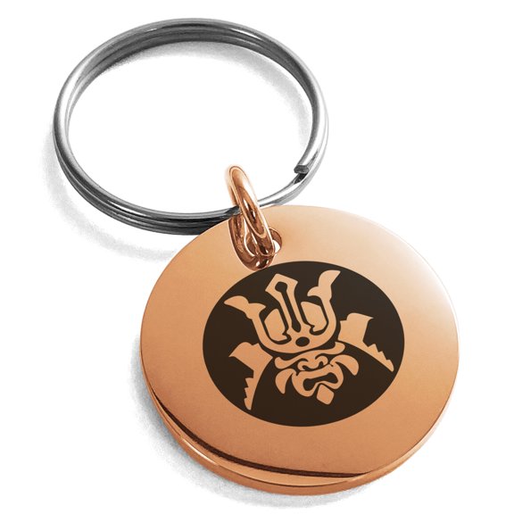 Tioneer Stainless Steel Máscara Samurai Crest Engraved Small Medallion Circle Charm Keychain Keyring