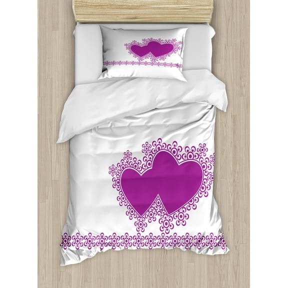 Love Duvet Cover Set, Heart Motifs Love Symbols Romantic Digital Illustration Print on Plain Backdrop, Decorative 2 Piece Bedding Set with 1 Pillow Shams, Twin Size, White and Purple, by Ambesonne