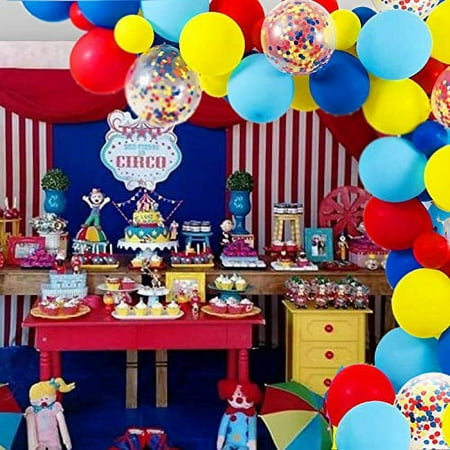 OuMuaMua Carnival Balloon Arch and Garland Kit, 105 Pack, Red Blue Yellow, Latex Balloons