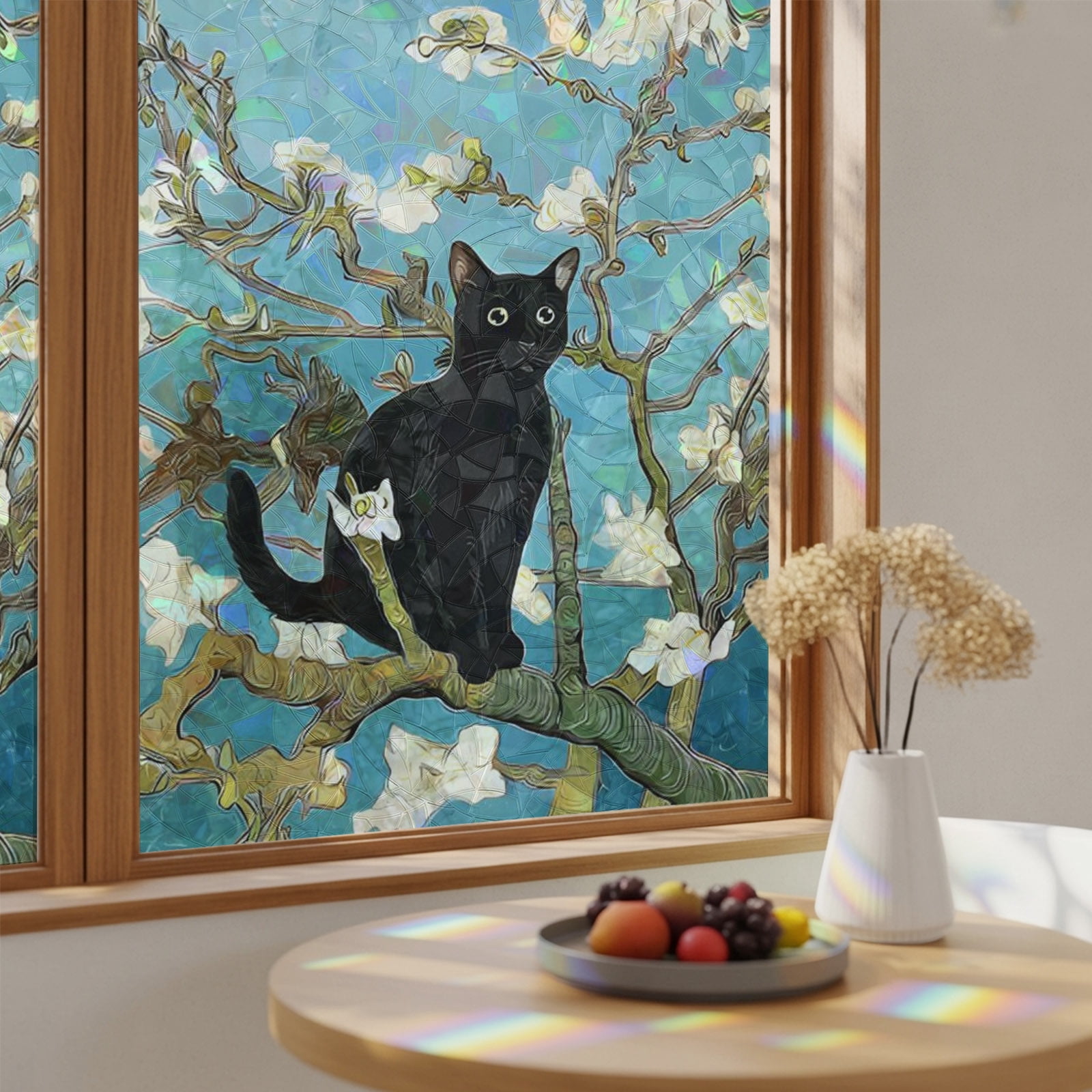 Funny Black Cat Window Privacy Film Blossom White Floral Branches