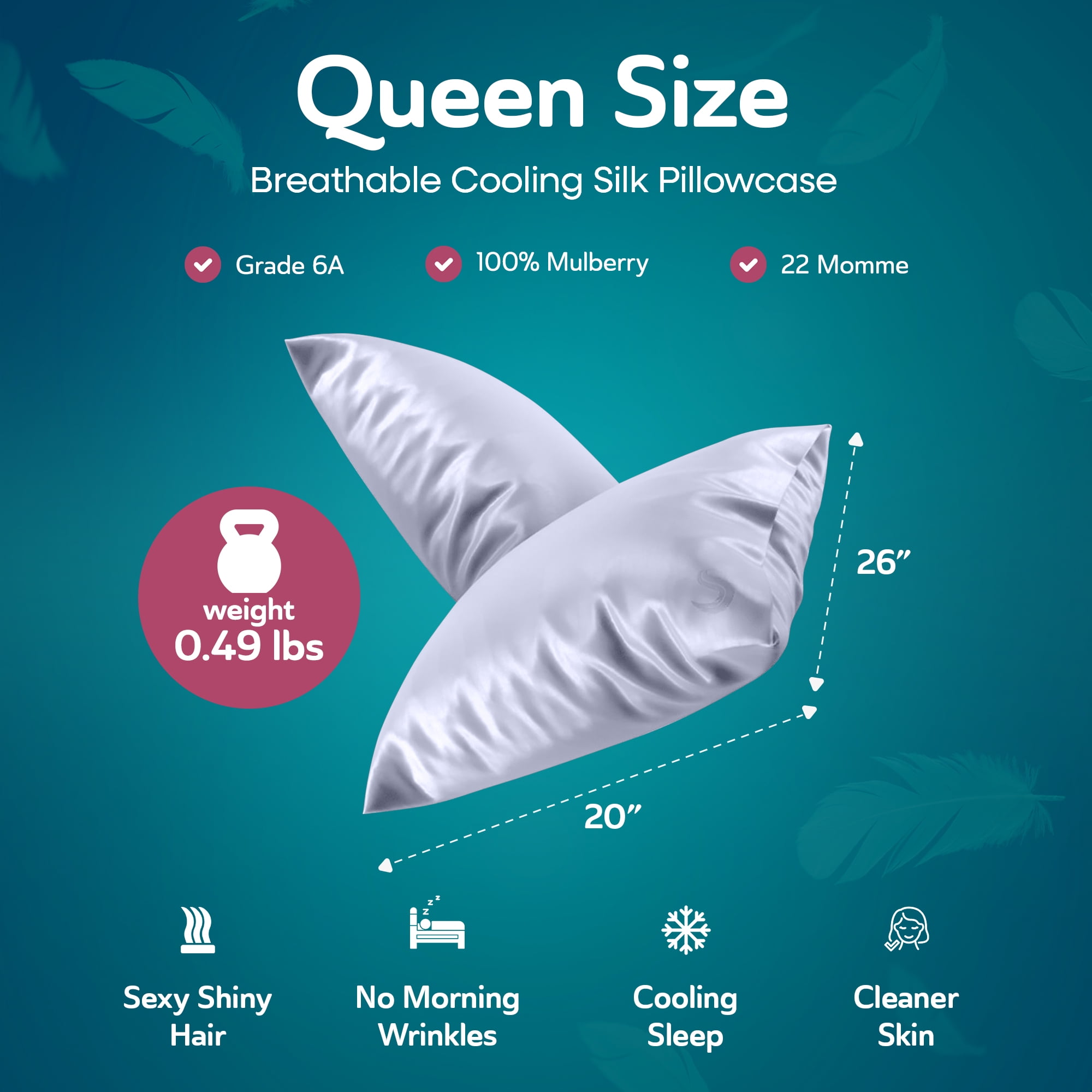 Sleepgram Queen Standard Size Breathable Cooling 6A Silk Pillowcase, Grey