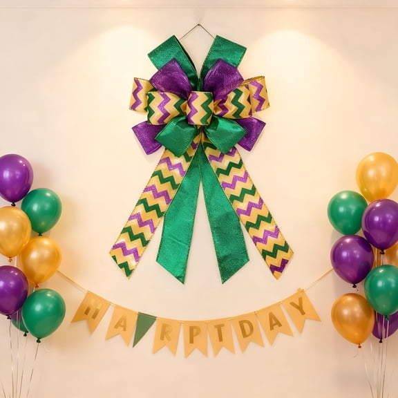TUWAFE Large Mardi Gras Wreath Bow Decoration, 21x11 Inch Multicolor Ribbon Tree Topper for Front Door, Indoor Outdoor Wall Decor, Festive Party Supplies
