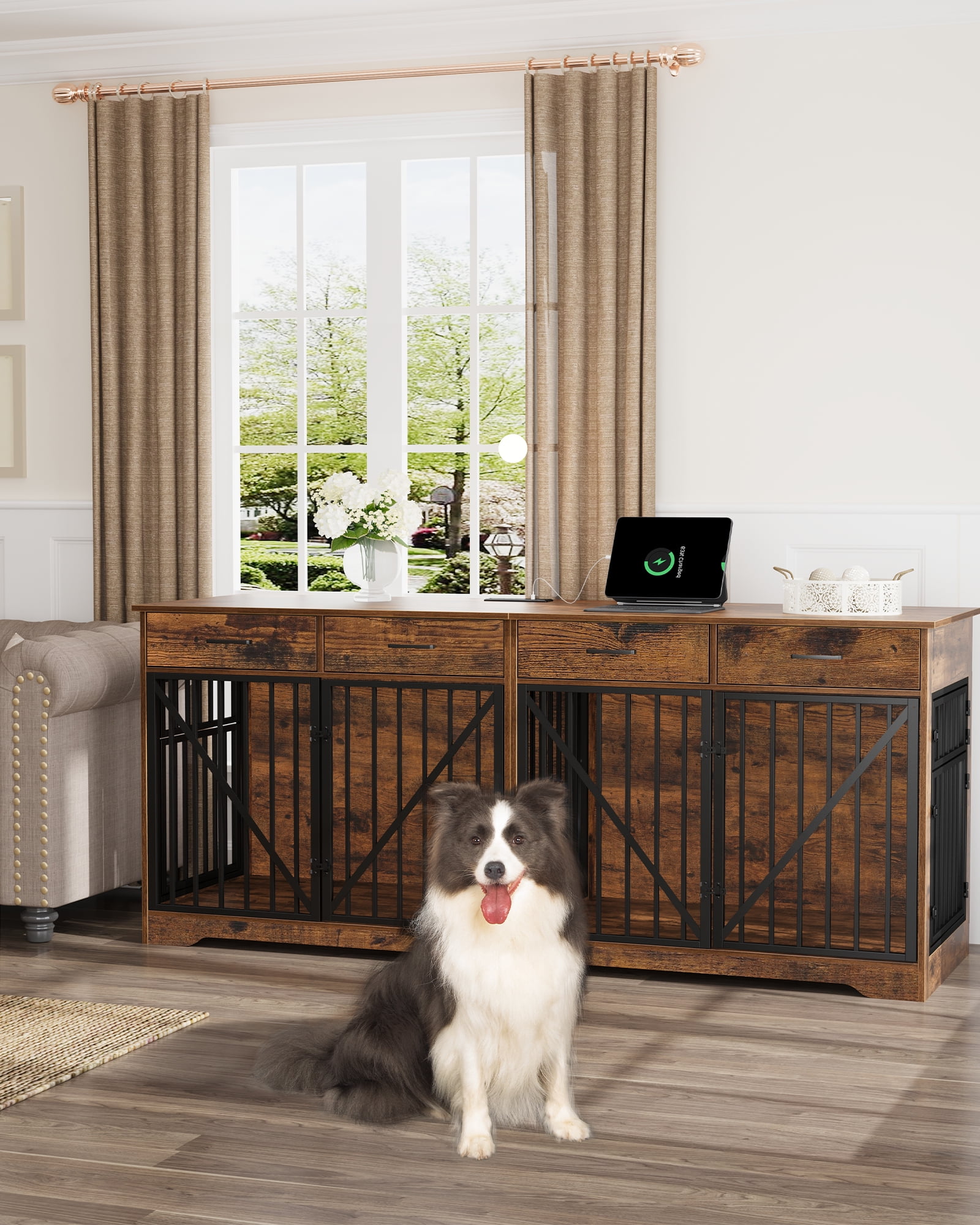 Dog Crate Furniture with 4 storage drawers, charging station, Suitable,Anti-chew,Anti-chew design.