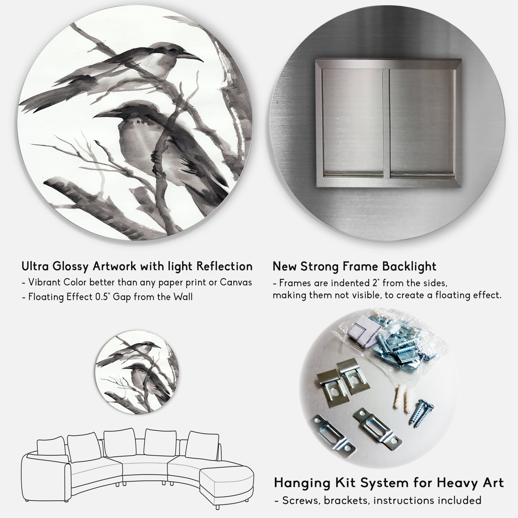 Designart 'Vintage Black and White Sleeping Crows' Traditional Circle Metal Wall Art 29x29 - Disc of 29