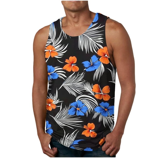 Camiseta sin mangas de cuello redondo para hombre, estilo informal, con estampado hawaiano, sin mangas, deportiva, con cuello redondo
