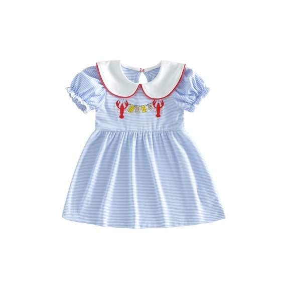 BemeyourBBs Toddler Baby Girl Crawfish Dress Outfit Cute Lobster Embroidered Striped Bubble Dress Short Sleeve Doll Collar Princess Dress Summer Clothes Party Casual Dress