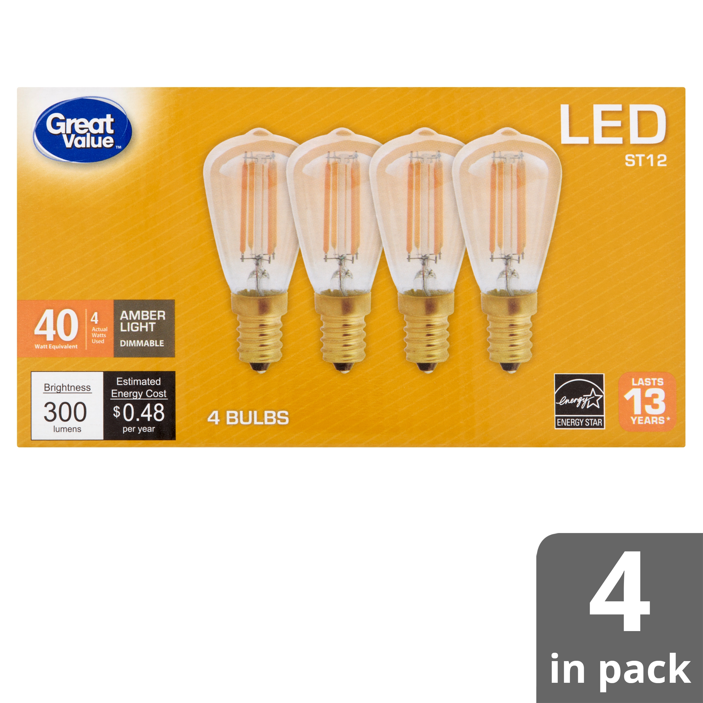 Great Value LED St12 4 Watts Amber Light Candelabra Base Bulbs, 4 Count