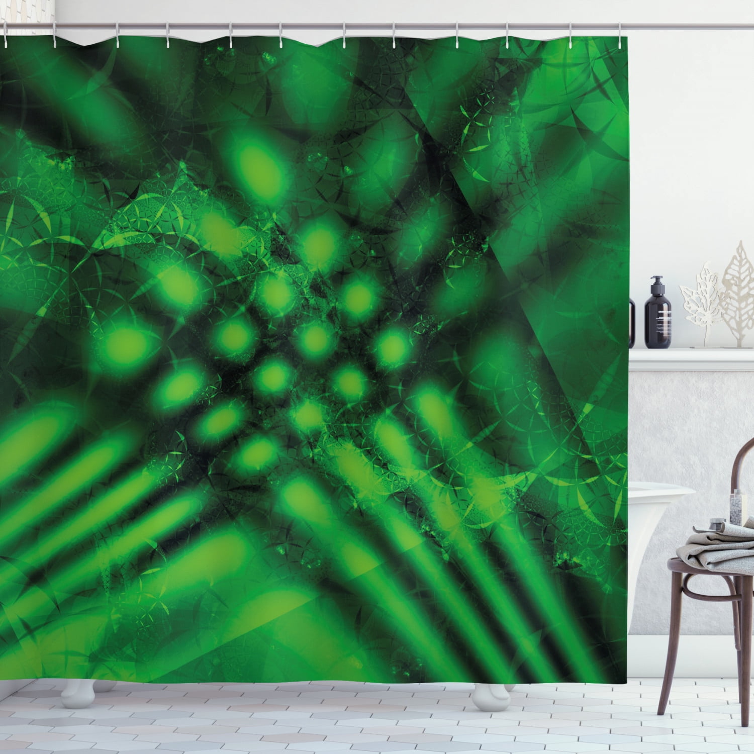Lime Green Shower Curtain, Psychedelic Abstract Blurry Shade Formless