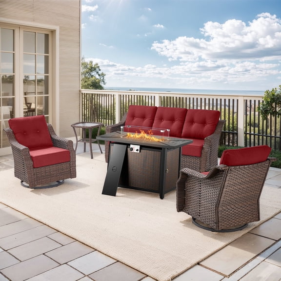 PARKWELL 5 Pieces Outdoor Patio Furniture Set with Fire Pit Table,Luxury 6" Thick Conversation Set with Swivel Glider Chairs,All-Weather Seating Furniture Set for Backyard Deck, Brown/Red