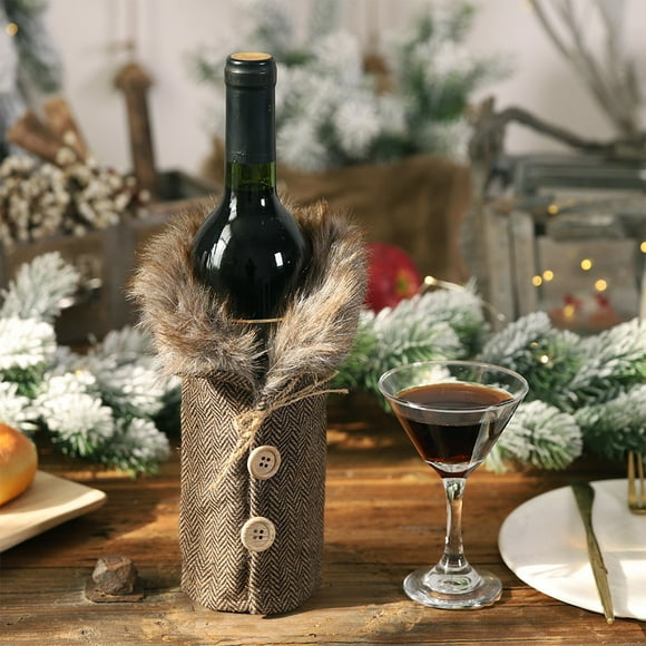 Pisexur Christmas Decorations Xmas Tree Decor Holiday/Christmas Wine Bottle Decors With Faux Collar, Christmas Wine Bottle Cover, Christmas Decor Gift, Wine Bottle Decor