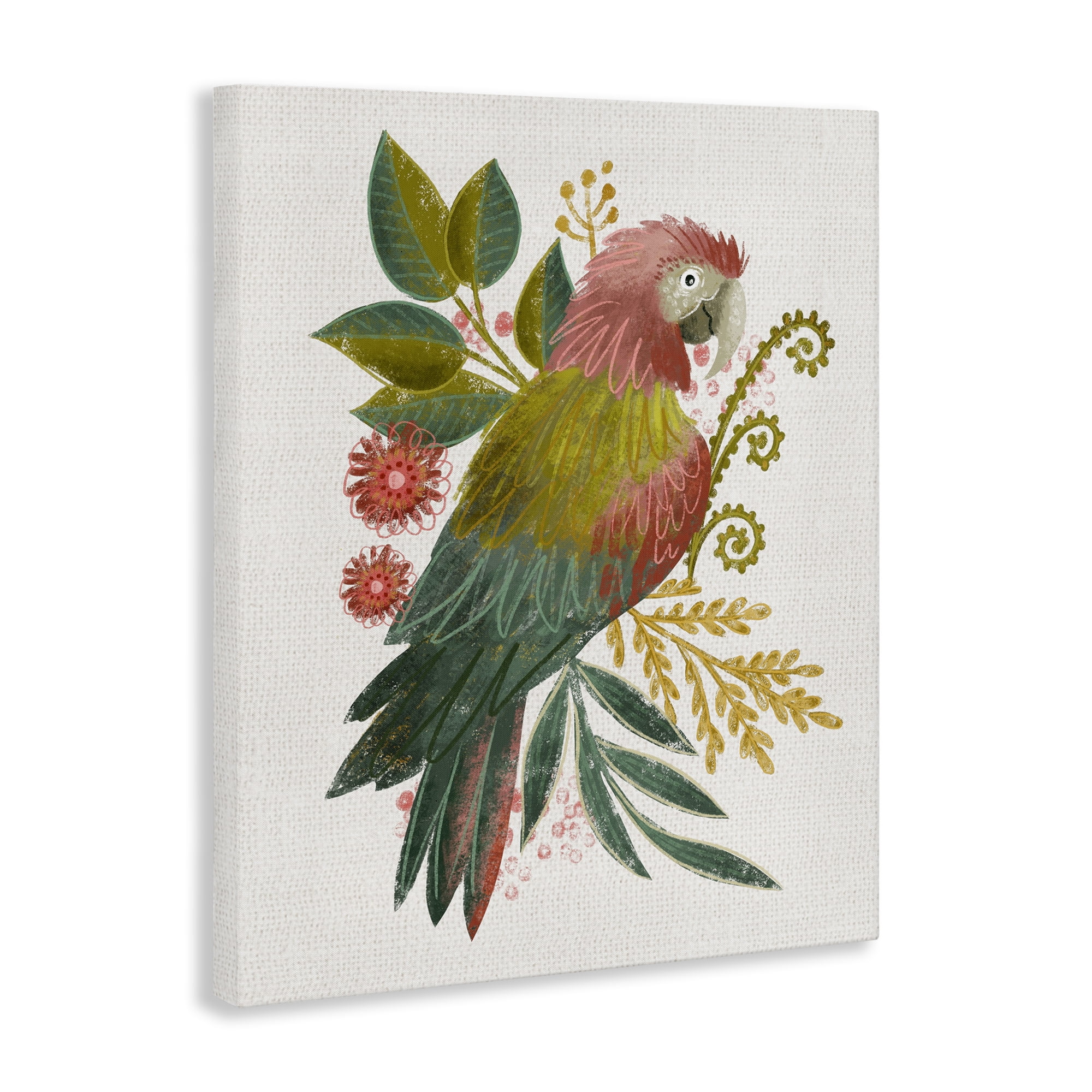 Stupell Industries Parrot with Eclectic Leaves Animals & Insects Painting Gallery Wrapped Canvas Art Print Wall Art, 36 x 48