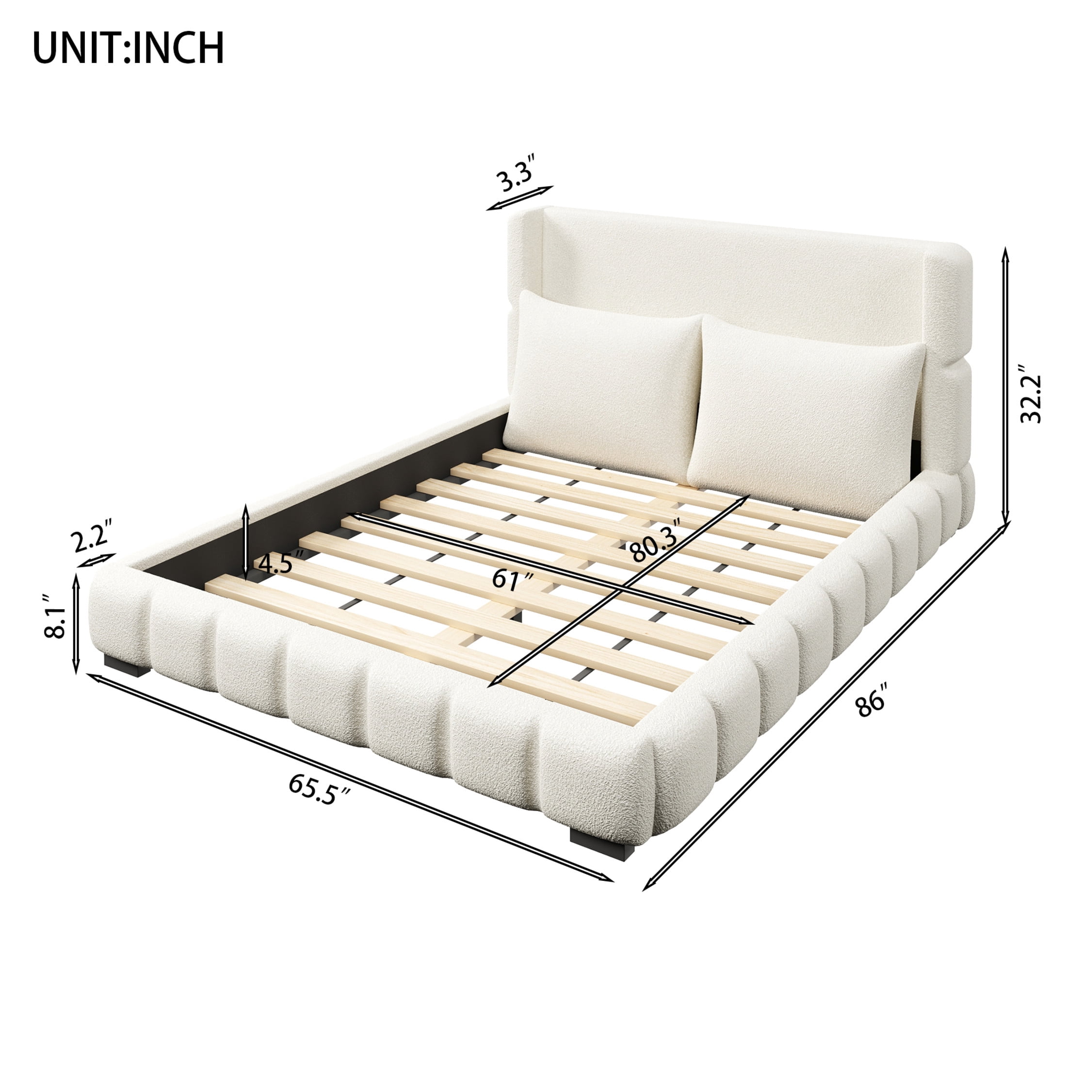 Noble House Rowena Queen Size Velvet Upholstered Platform Bed with Matching Pillows, Sturdy Wood Frame, White