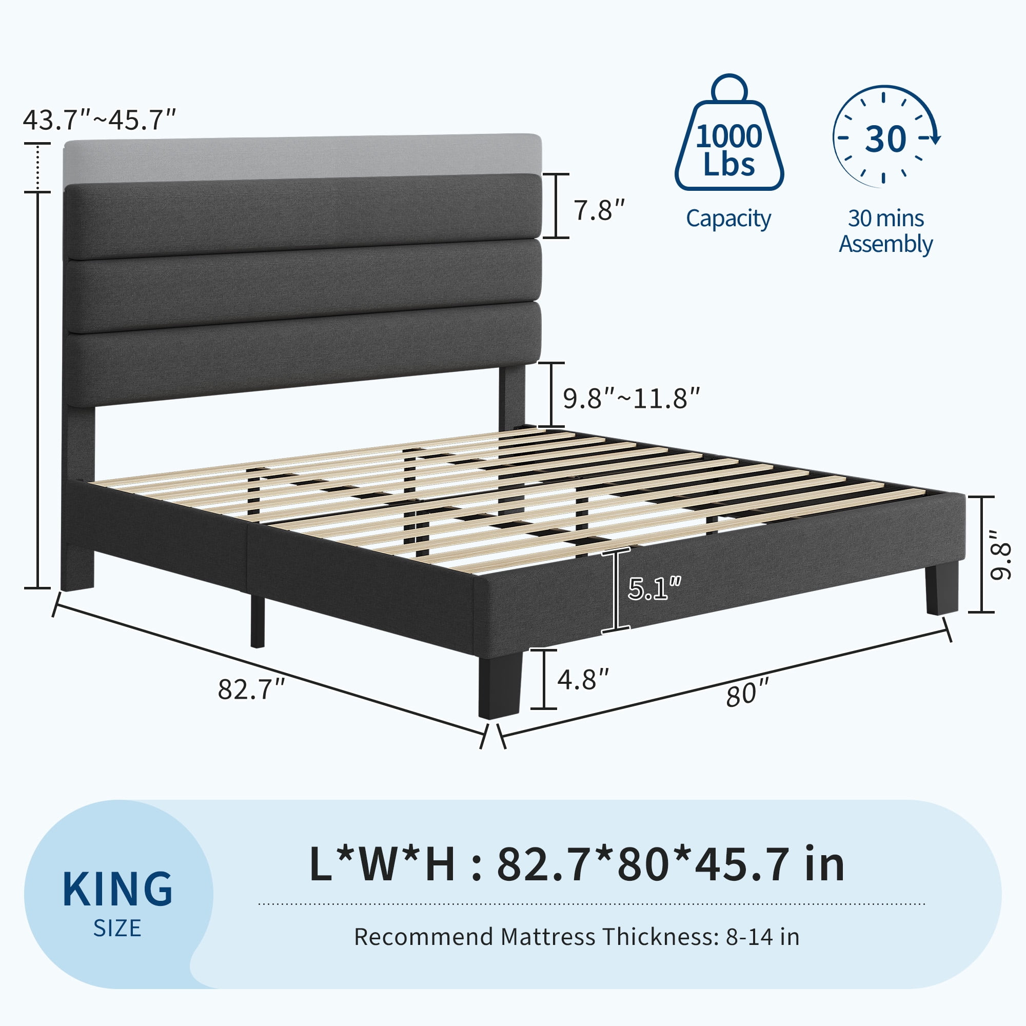 King Size Bed Frame with Linen Fabric Upholstered, Platform Bed with Strong Wood Slats Adjustable Headboard,Mattress Foundation, No Box Spring Needed