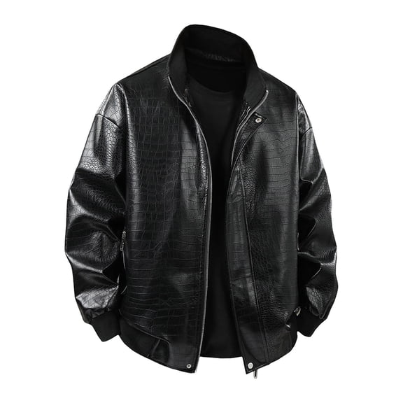 XIAONU Crocodile Grain Stand Collar Leather Jacket For Men Regular Fit Night Club Zip Outer Coat