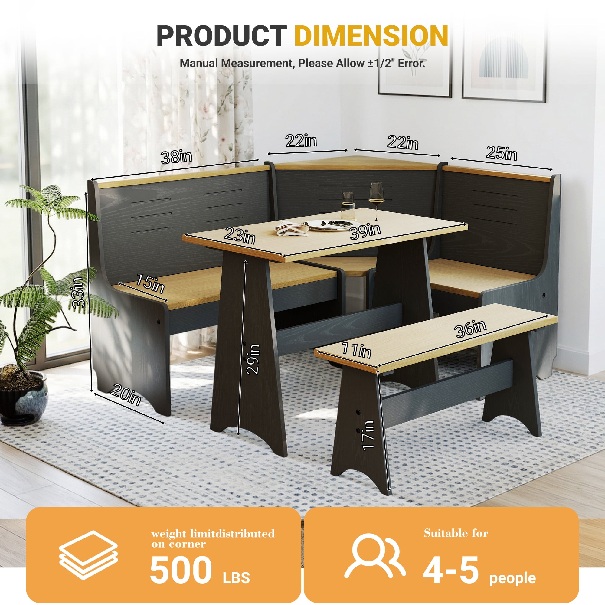 Koby Home Breakfast Nook Table Set, Storage Farmhouse Corner Kitchen Dining Table with  L-Shape Bench Chairs, Black Wood