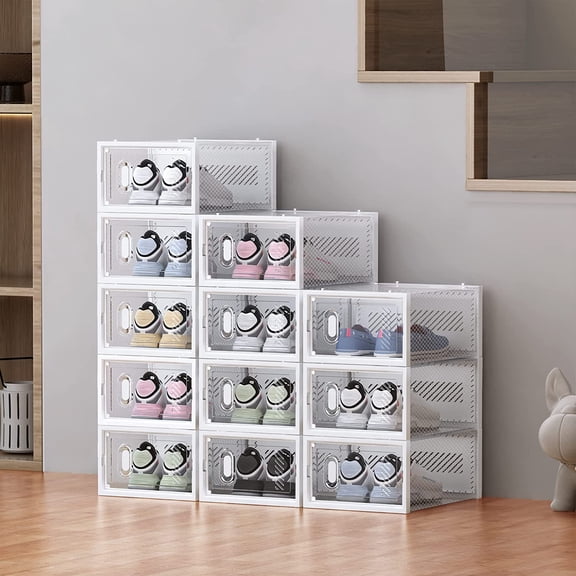 Stackable Shoe Storage Boxes 12-Pack – Clear Plastic Organizer with Lids for Size 10 Shoes and Closet