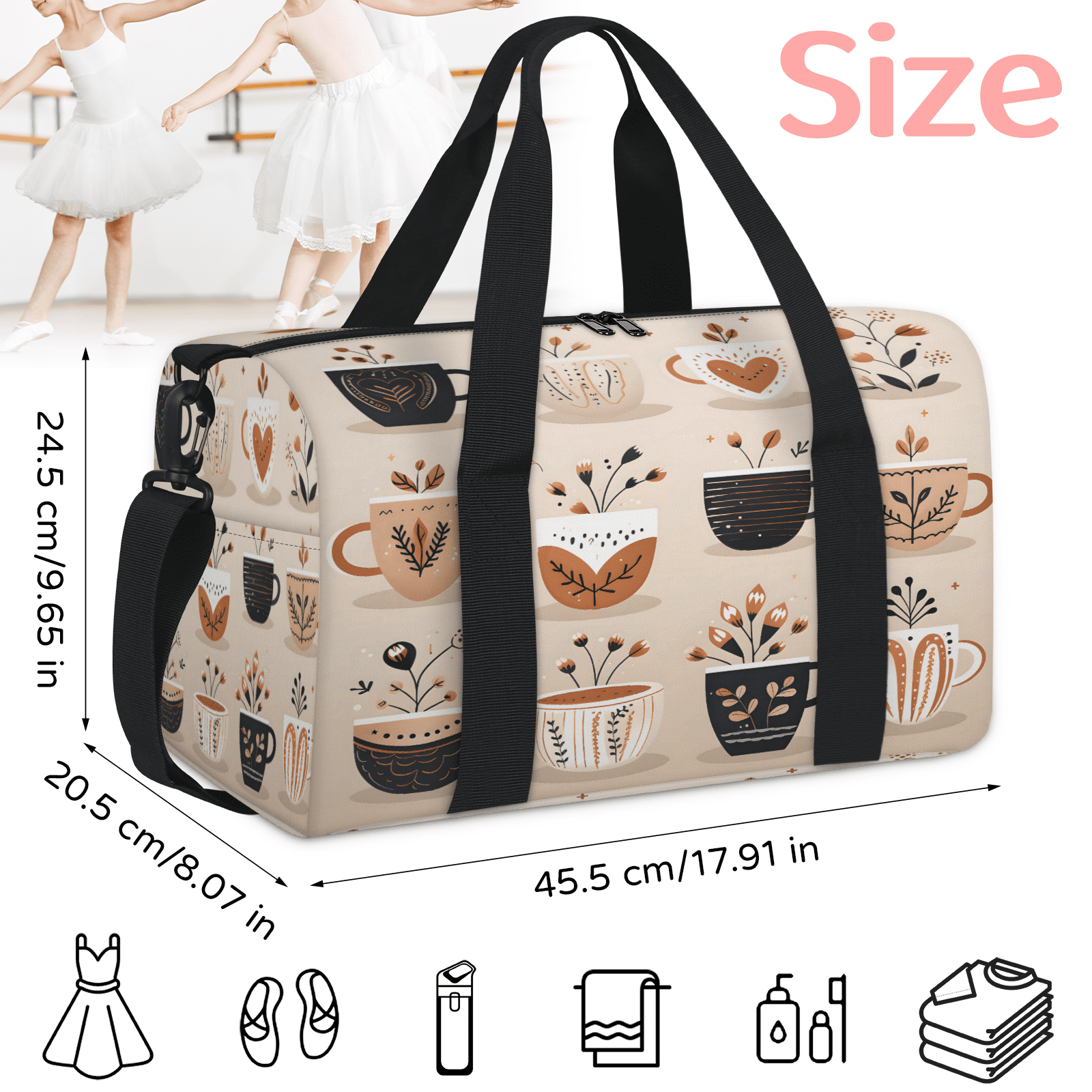 Herdesigns Cute Coffee Gym Bag for Women, Duffle Bag for Travel Sport, Lightweight Waterproof Carry on Weekender Overnight Dance Yoga Workout Bags