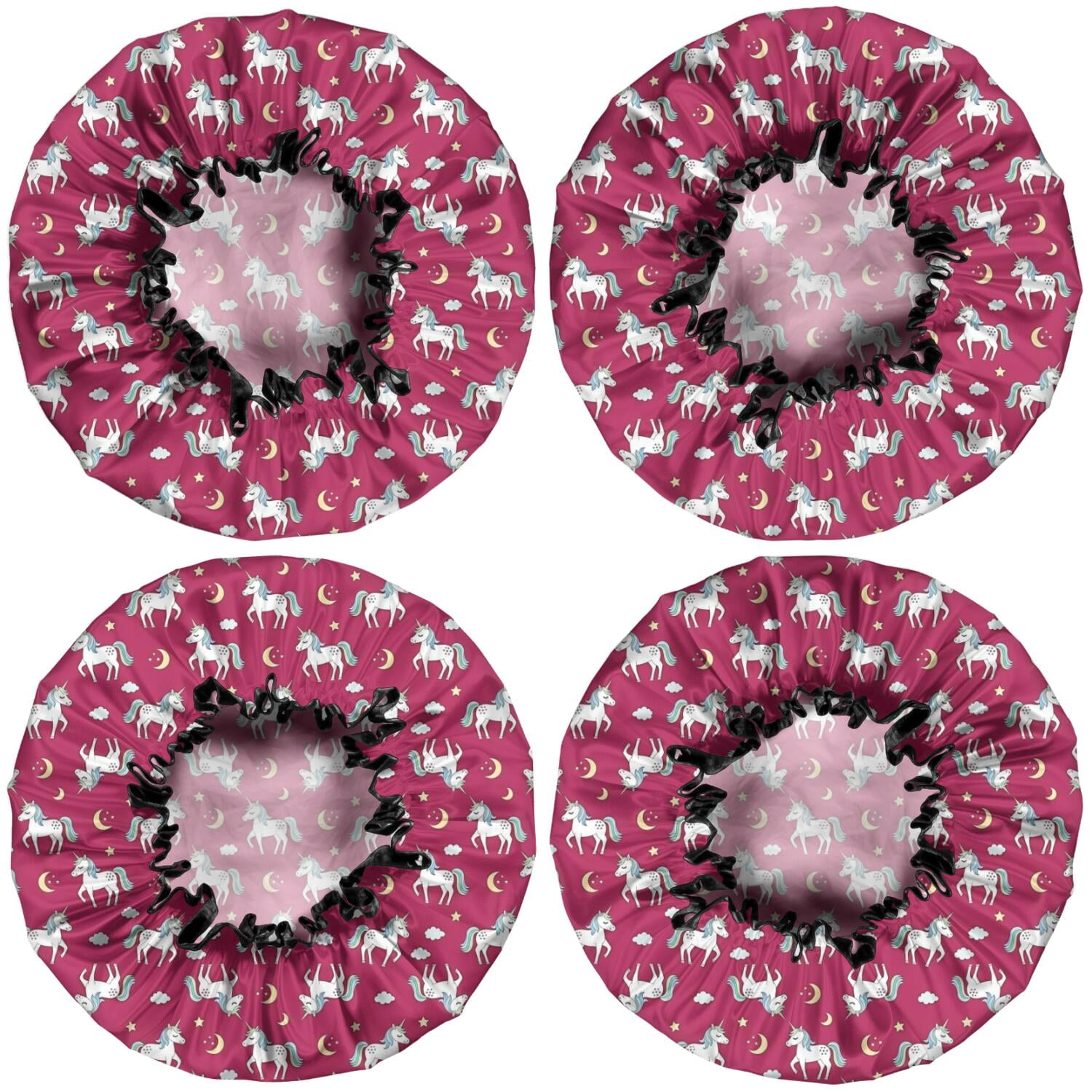 Shower Caps,Red Cartoon Unicorn Moon Star Cloud Pattern Waterproof Shower Cap for Women 4 Pieces,Double Reusable Hair Cover for Shower PEVA Elastic Stretch Hem