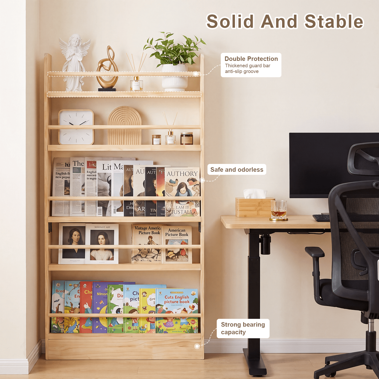 Behind the Door Bookshelf 31.5x4x56.3 Inch Solid Wood 5-Shelf Narrow Storage for Living Room Bedroom Entryway