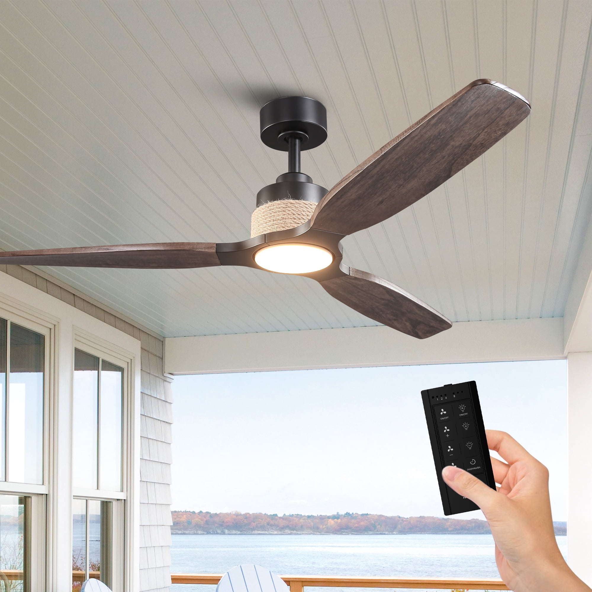 Parrot Uncle 56" Farmhouse Brown Solid Wood Dimmable LED Ceiling Fan with Light and Remote Control, Living Room Ceiling Fan