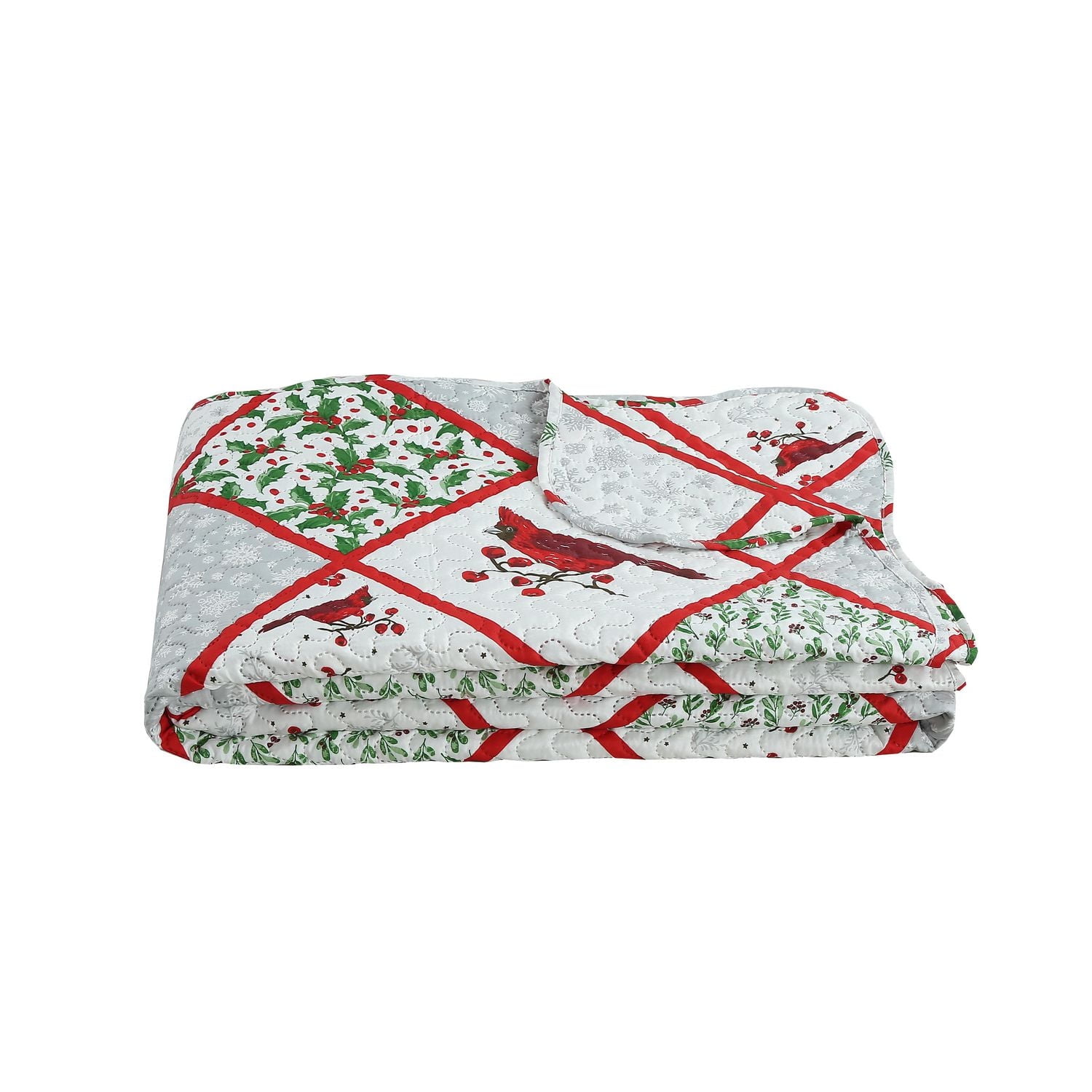 Marina Decoration Rich Printed Embossed Pinsonic Coverlet Bedspread Ultra Soft Bedding Summer Christmas Quilt Set with Shams, Xmas Red Cardinal Poinsettia Pattern