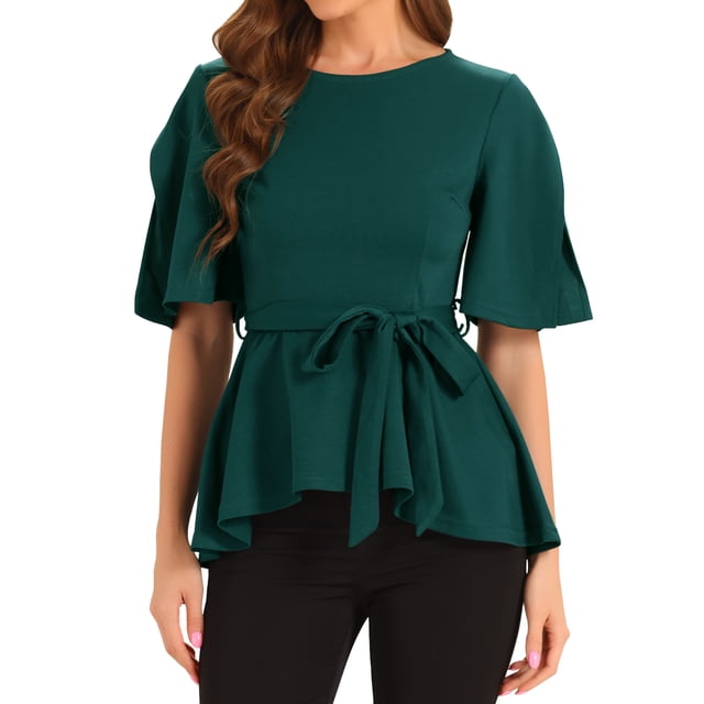 Blusa peplum de mujer INSPIRE CHIC con nudo y cinturón, de media manga y cuello redondo, color verde oscuro, talla M