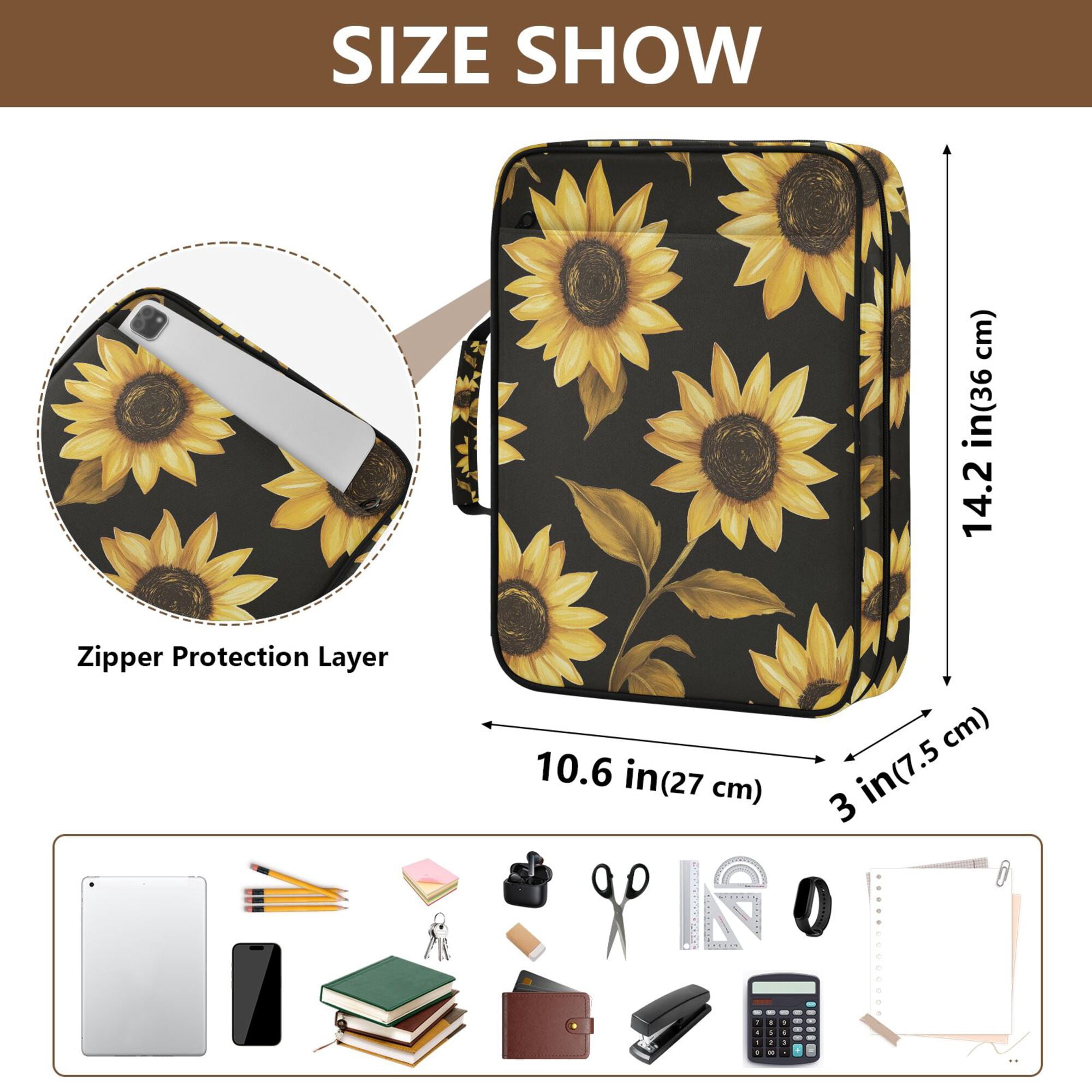 FORMRS Accordion File Folder A4 Size 7-Pocket Expanding Document Organizer Bag with 3 Ring Binder, Black Sunflower Pattern