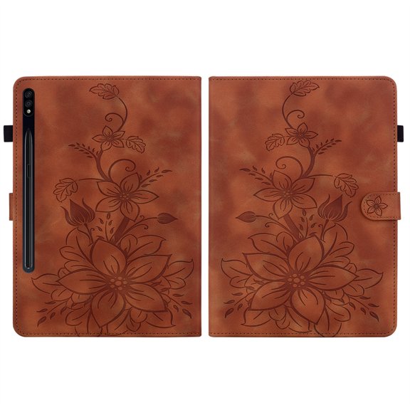 FJLBDE Case for Samsung Galaxy Tab S8 Plus/S7 FE/S7 Plus, Embossed Flower PU Leather Flip Wallet Folio Stand Cover, Brown