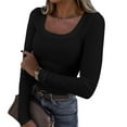 thumbnail image 2 of Povozer Basic Tops for Woman Long Sleeve Stretch Crewneck Ribbed T-Shirt(Black,L), 2 of 5