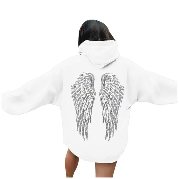 Sequin Angel Wings Hoodie For Women Oversize Sparkly Long Sleeve Y2K Fall Pulover Sweatshirts with Pocket