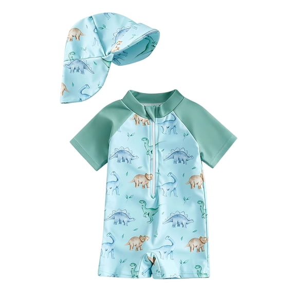 Tfken Boys Kids Swimwear Set Outfits For Summer Cute 2 Piece Rash Guard Swimming Onesie With Hats Set Swimsuit Short Sleeve Zipper Beach Swim Chlid Breathable Bathing Suits Size 12-18 Months Blue