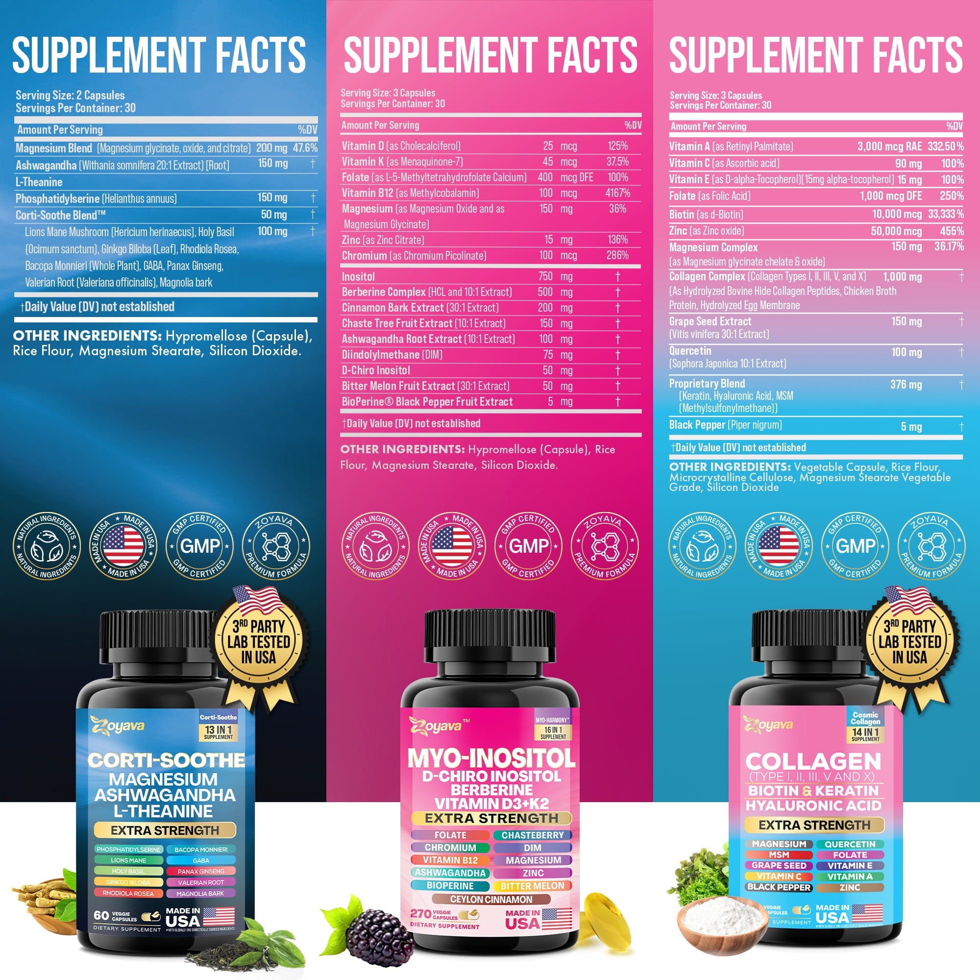 Zoyava Women's Supplement with Myo-Inositol, Collagen, and Corti-Soothe, 60 Capsules