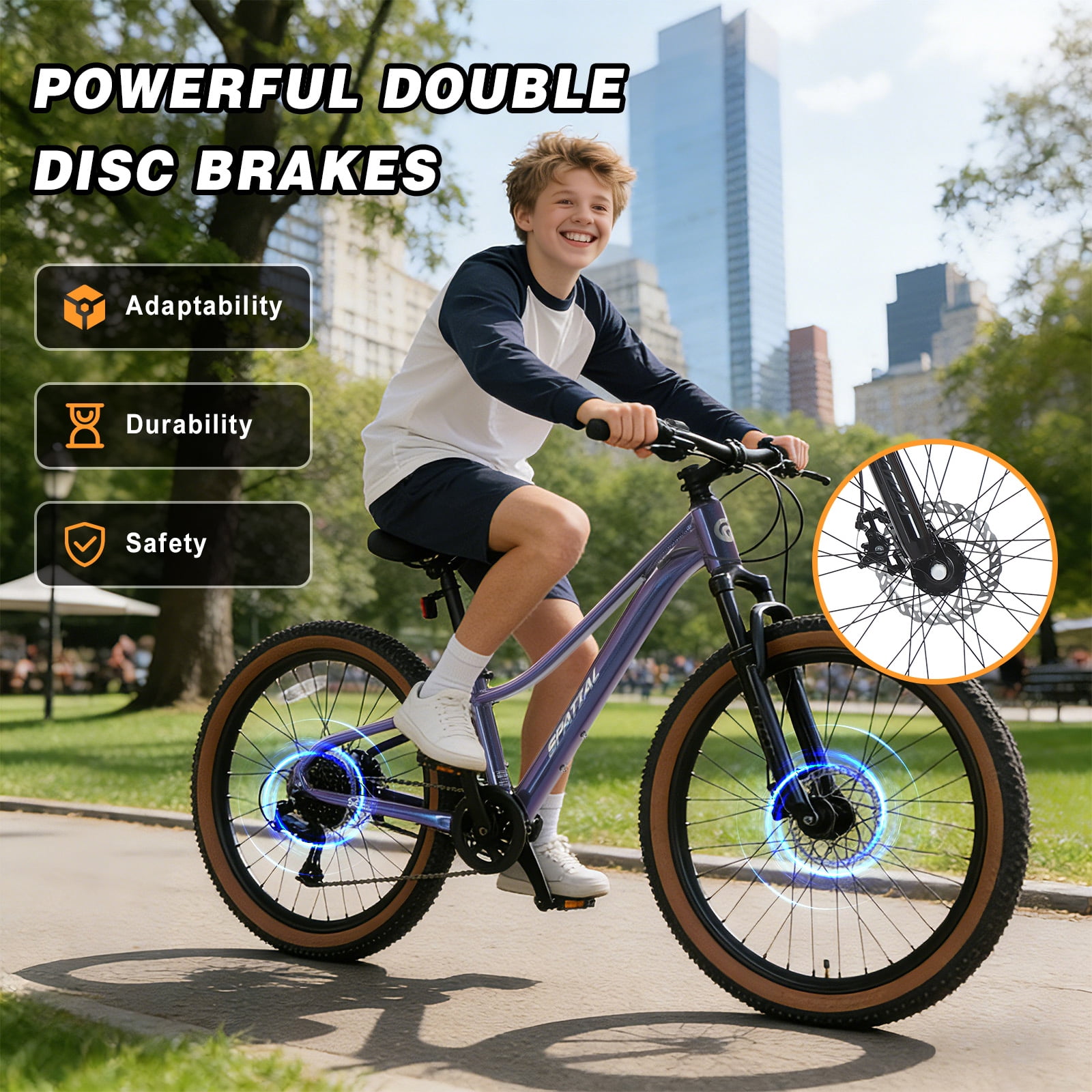 24 Inch Mountain Bike for Teens, 7-Speed, Aluminum Frame, Dual Disc Brakes, Suspension Fork, Unique Gradient Color (Blue/Purple/Red)